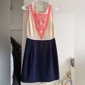 Sugarlips Cream and Navy Sleeveless Dress with Neon Coral Embroidery